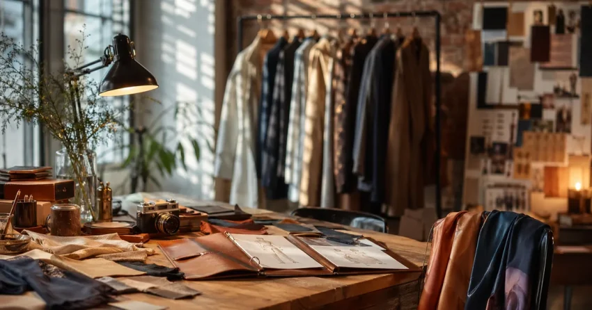 Elegant modeateljé med kläder på galgar och designskisser i varmt eftermiddagsljus