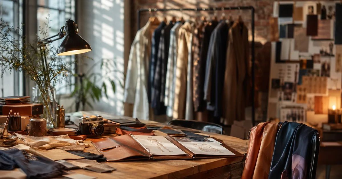 Elegant modeateljé med kläder på galgar och designskisser i varmt eftermiddagsljus